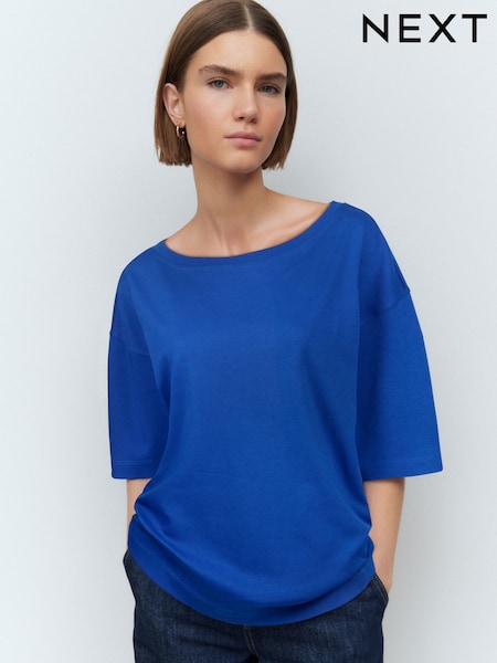 Azul cobalto - Relaxed Fit Boxy 100% Cotton Slouch Shoulder T-Shirt (AC8859) | R$ 120