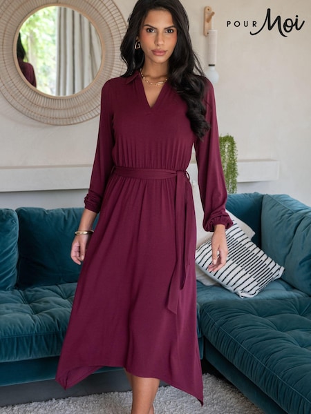 Pour Moi Red Venetia Jersey Hanky Hem Collared Midi Dress (AC8917) | €65