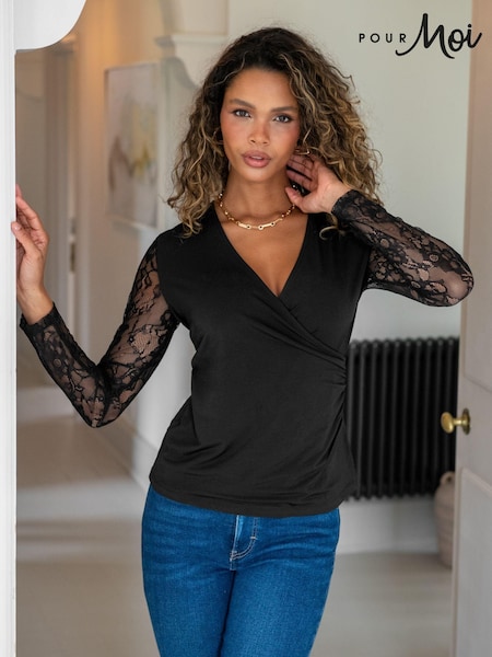 Pour Moi Black Julie Slinky Jersey Lace Long Sleeve Top (AC8923) | €52