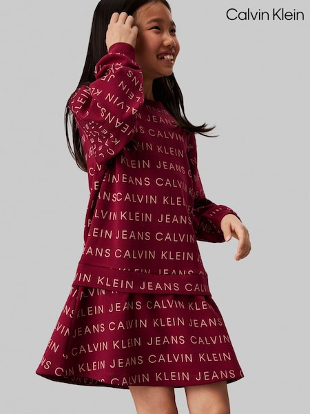 Calvin Klein Burgundy Red Logo Fleece Long Sleeved Dress (AC8963) | AED326