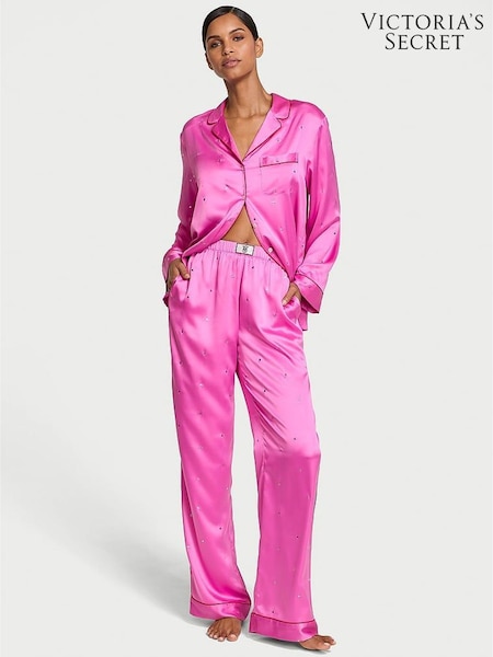 Victoria's Secret New Peony Pink Hearts Satin Long Pyjama Set (AC9004) | €79