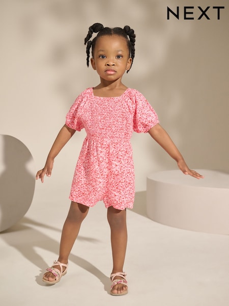 Pink Ditsy Shirred Playsuit (3mths-8yrs) (AC9249) | €14 - €18