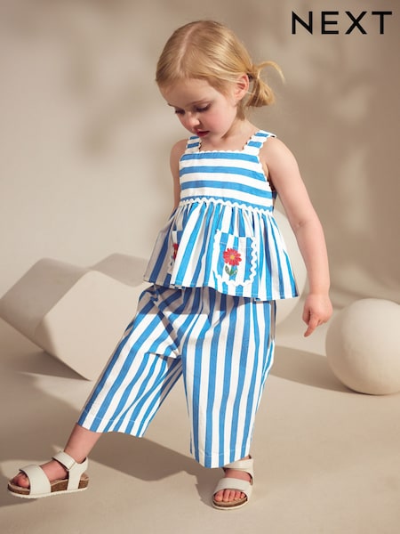 Blue/White Stripe 100% Cotton Blouse And Trousers Co-Ord Set (3mths-8yrs) (AC9254) | €28 - €36