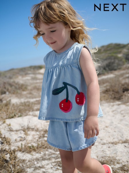 כחול  - 100% Cotton Denim Blouse And Shorts Co-ord Set (3mths-8yrs) (AC9259) | ‏63‏₪ - ‏88‏ ₪