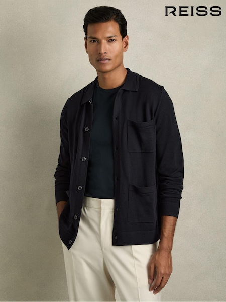 Reiss Navy Munich Merino Wool Button-Through Cardigan (AC9325) | €186