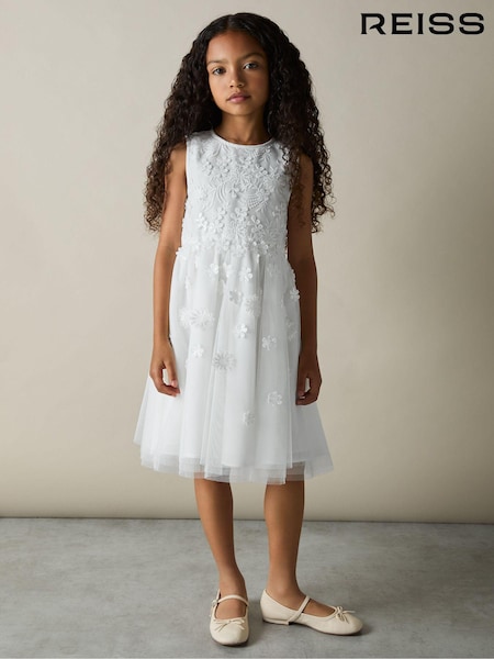 Reiss Ivory Clementine 4-9 yrs Tulle Floral-Embroidered Bridesmaid Dress (AC9329) | 625 QAR