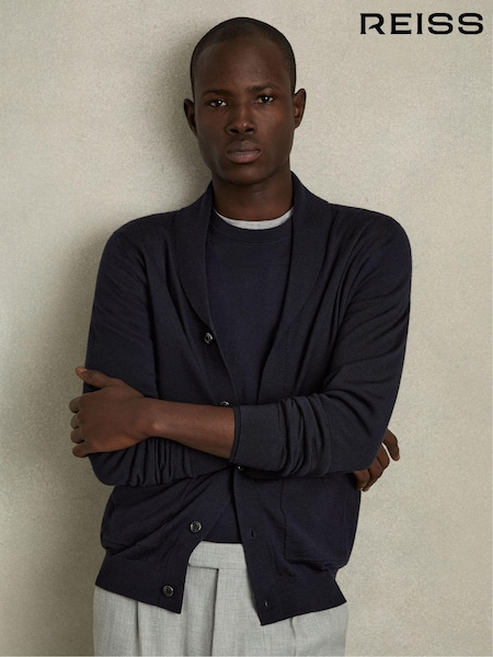 Reiss Navy Taunton Merino Wool Shawl-Collar Cardigan (AC9335) | €171
