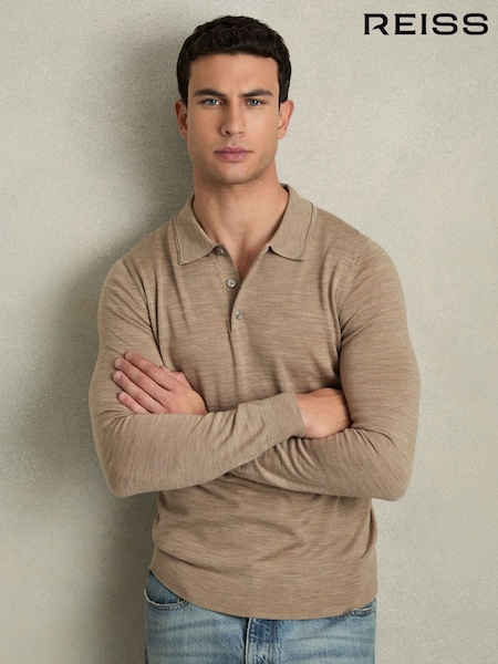 Reiss Warm Taupe Melange Trafford Merino Wool Polo Shirt (AC9338) | $195
