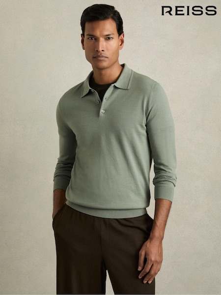 Reiss Herb Green Trafford Merino Wool Polo Shirt (AC9340) | $195