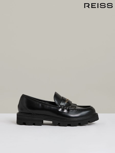 Reiss Black Lianna Leather Fringed Chunky Penny Loafers (AC9343) | €256
