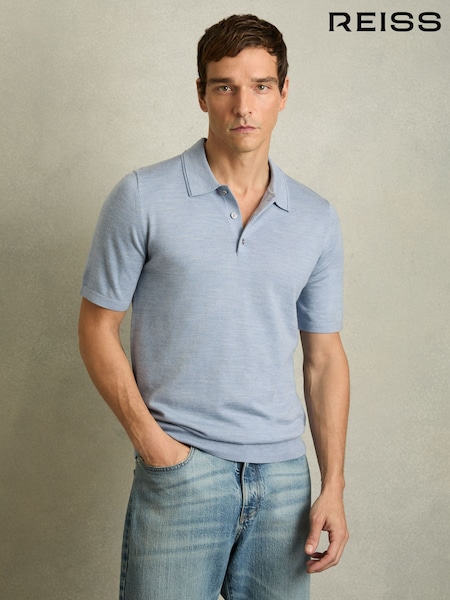 Reiss Soft Blue Manor Merino Wool Short-Sleeve Polo Shirt (AC9344) | $180