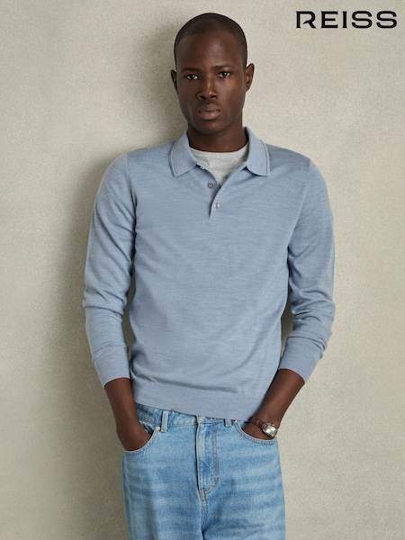 Reiss Soft Blue Melange Trafford Merino Wool Polo Shirt (AC9345) | $195