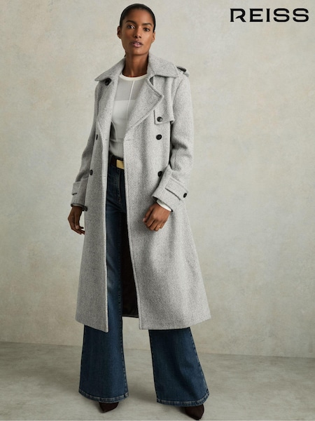 Reiss Black/White Alba Petite Wool-Blend Double-Breasted Check Trench Coat (AC9349) | €576