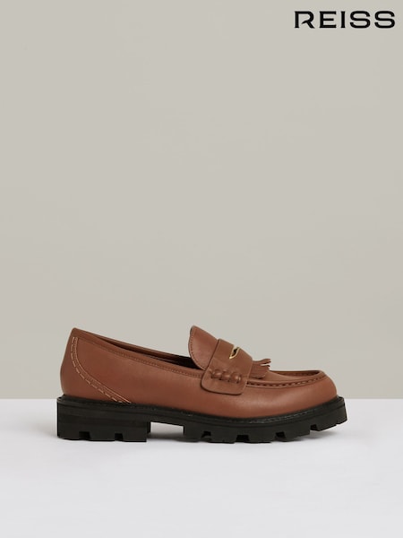 Reiss Tan Lianna Leather Fringed Chunky Penny Loafers (AC9351) | €256