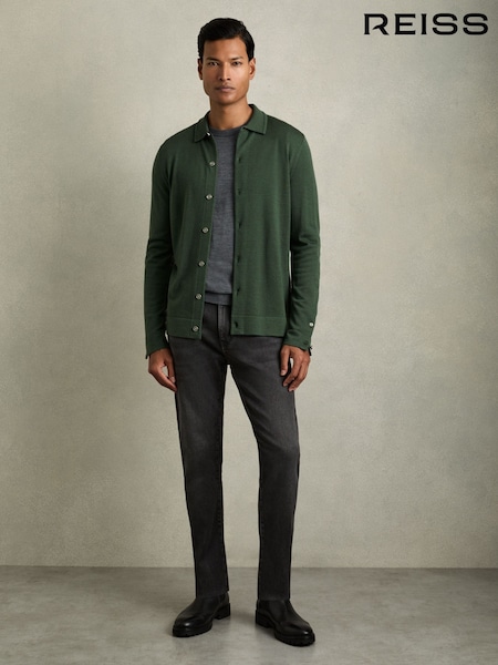 Reiss Dark Kale Green Forbes Merino Wool Button-Through Cardigan (AC9354) | €126