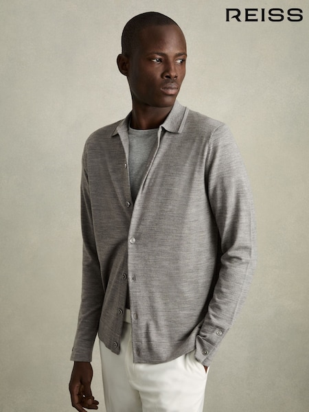 Reiss Warm Grey Melange Forbes Merino Wool Button-Through Cardigan (AC9355) | €83