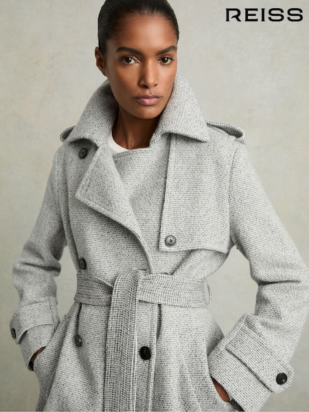 Reiss Black/White Alba Wool-Blend Double-Breasted Check Trench Coat (AC9357) | AED2,722
