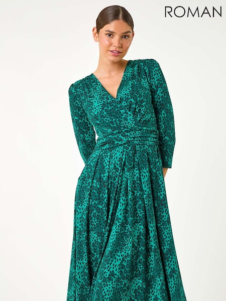 Roman Mock Wrap Animal Midi Dress (AC9377) | €76