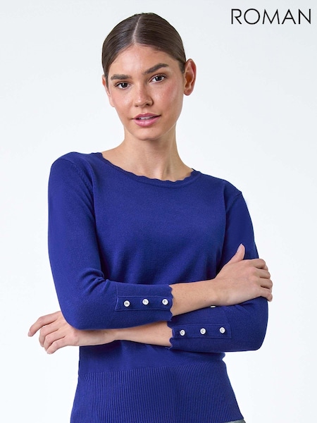 Roman Blue Diamante Button Scallop Edge Jumper (AC9378) | €40
