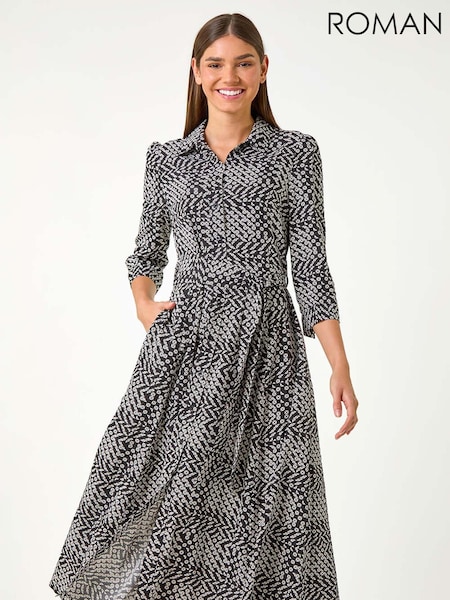 Roman Black Geometric Print Tie Waist Midi Shirt Dress (AC9386) | €60