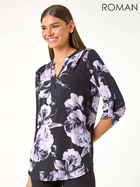 Roman Floral Print Notch Neck Top (AC9389) | R$ 425