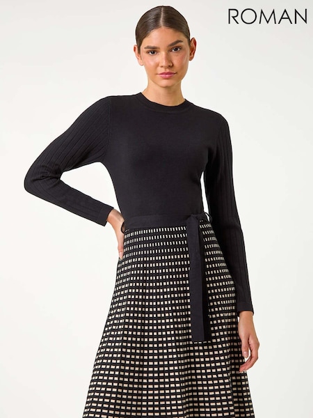 Roman Black Check Print Belted Jumper Dress (AC9391) | 3,004 UAH