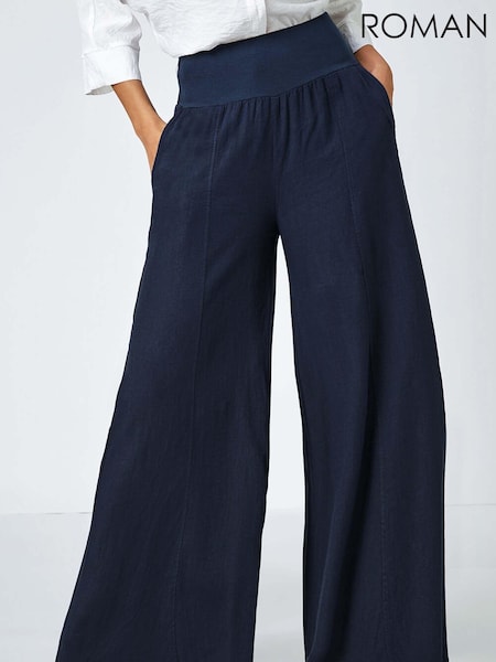 Roman Blue Linen Blend Wide Leg Trousers (AC9398) | AED145