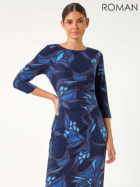 Roman Blue Floral Print Ruched Stretch Dress (AC9403) | OMR24