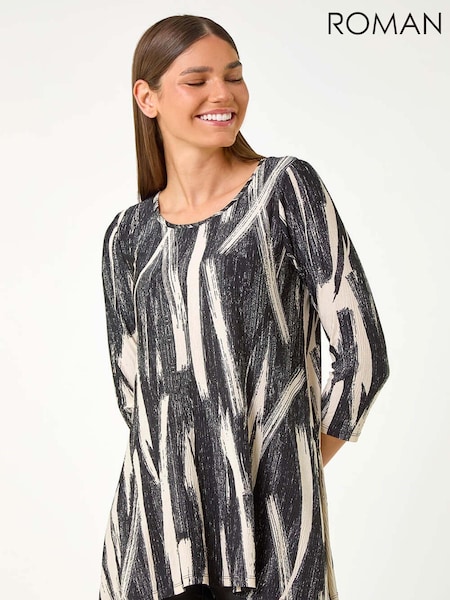 Roman Natural Brush Print Hanky Hem Stretch Tunic Top (AC9404) | AZN 98