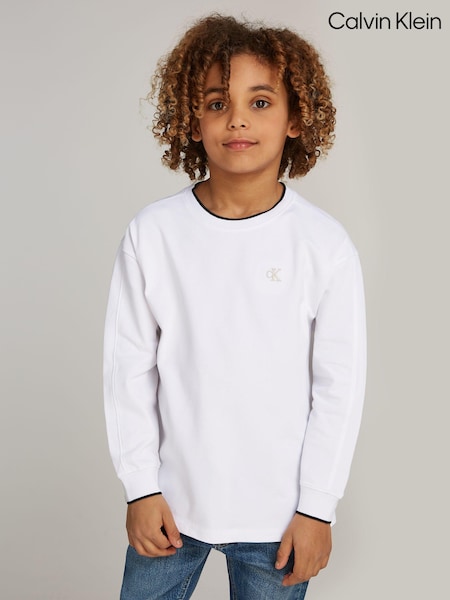Calvin Klein White Long Sleeved Pique Relaxed Tipping T-Shirt (AC9503) | €30