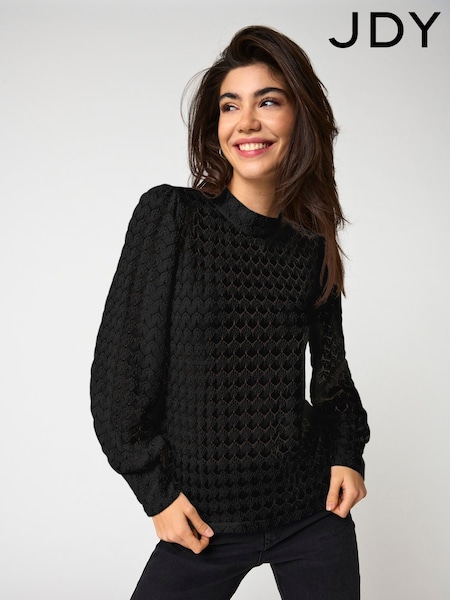 JDY Black Jersey Lace Sheer Sleeve Blouse (AC9673) | ₪111