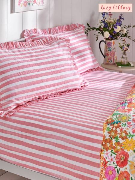 Lucy Tiffney Pink Painted Stripe 180 Thread Count Fitted Sheet (AD0022) | €33 - €53