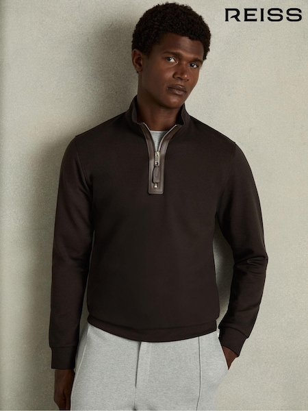 Suklaanruskea - Reiss Hale Leather Placket Interlock Jersey Sweatshirt (AD0116) | €186
