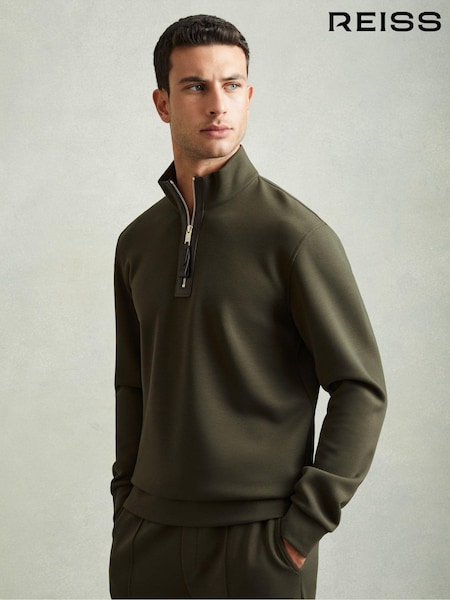 Metsä Vihreä - Reiss Hale Leather Placket Interlock Jersey Sweatshirt (AD0117) | €186