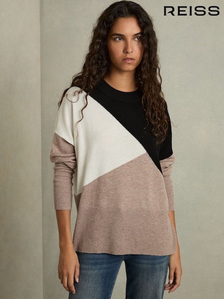 Camel und Schwarz - Reiss Faye Geometric Colour-Block Jumper With Wool And Cashmere (AD0120) | 181 €