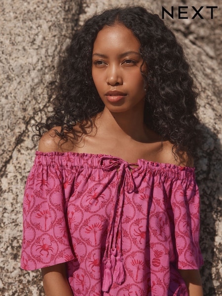 Pink/Red Lobster Print Short Sleeve Tie Neck Bardot Top (AD0151) | AED54