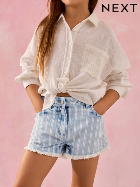 Blue/White Regular Length Frayed Edge Denim Shorts (3-16yrs) (AD0168) | AED51 - AED76