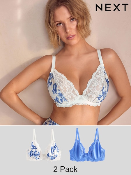 Druck/einfarbig - DD+ Non Pad Full Cup Wired Plunge Microfibre Lace Bras 2 Pack (AD0291) | 47 €