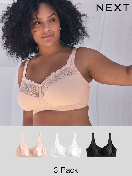 Black/White Total Support Cotton & Lace Non Wire Bra 3 Pack (AD0433) | CHF 72