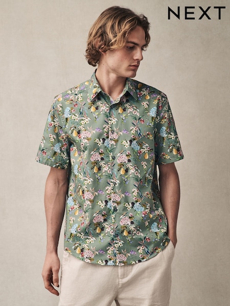 Seafoam Green Floral Fruit Regular Fit Print Short Sleeve Shirt (AD0444) | €40