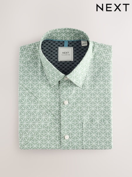 Green Palm Print Easy Iron With Button Down Collar Short Sleeve Oxford Shirt (AD0447) | R$ 230