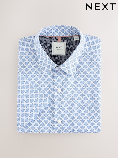 Blue Fan Print Regular Fit Easy Iron Short Sleeve Print Oxford Shirt (AD0448) | $33