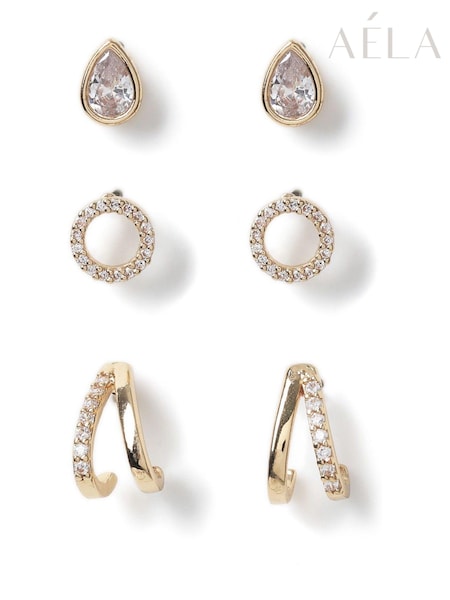 Aela Gold Tone Diamond Simulant Earrings 3 Pack (AD0489) | AED116