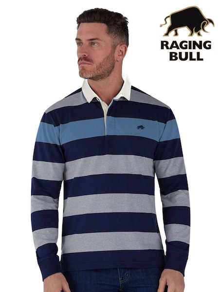 Raging Bull Blue Long Sleeve 100% Cotton Irregular Stripe Rugby Shirt (AD0862) | €46 - €49