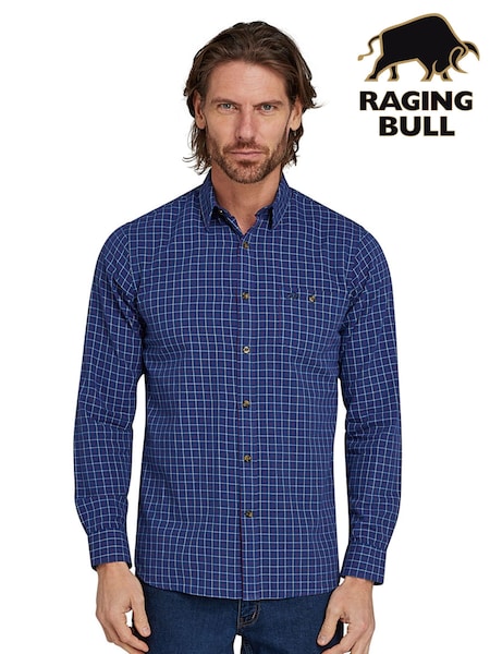 Raging Bull Blue Long Sleeve Window Pane Brushed 100% Cotton Shirt (AD0903) | 292 LEI - 333 LEI