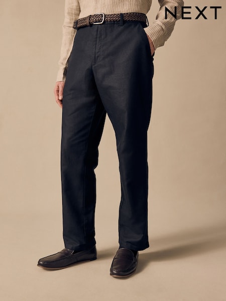 Black Regular Fit Smart Linen Cotton Blend Belted Trousers (AD0939) | AED175