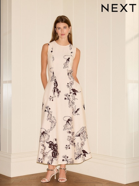 Cream and Black Floral Print - Ärmelloses Säulen-Maxikleid in A-Linie (AD0963) | 77 €