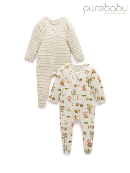 Luonnollinen - Purebaby Baby Zip 100% Cotton Sleepsuits 2 Pack (AD1059) | €38