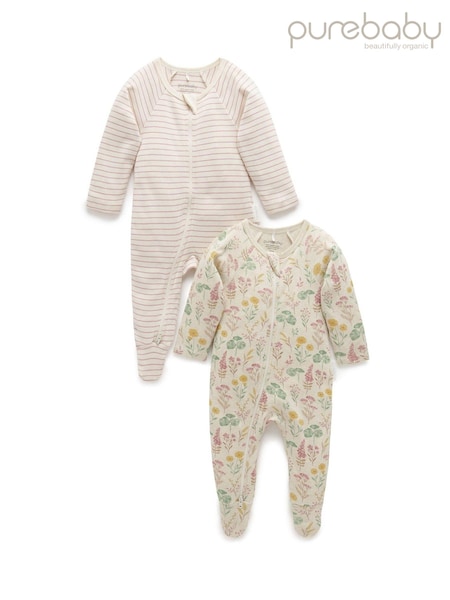 Purebaby Pink Baby Zip 100% Cotton Sleepsuits 2 Pack (AD1069) | AED142