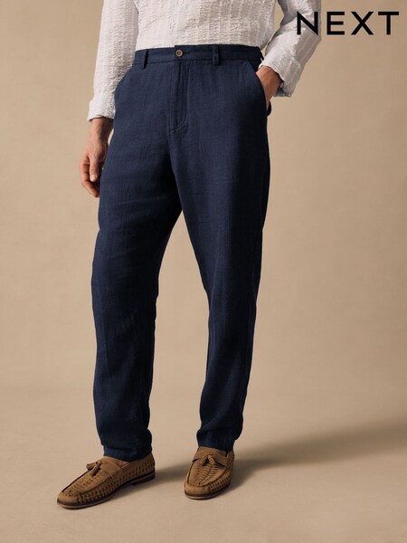 Navy Blue Elasticated Waist Textured Linen Blend Trousers (AD1414) | € 26